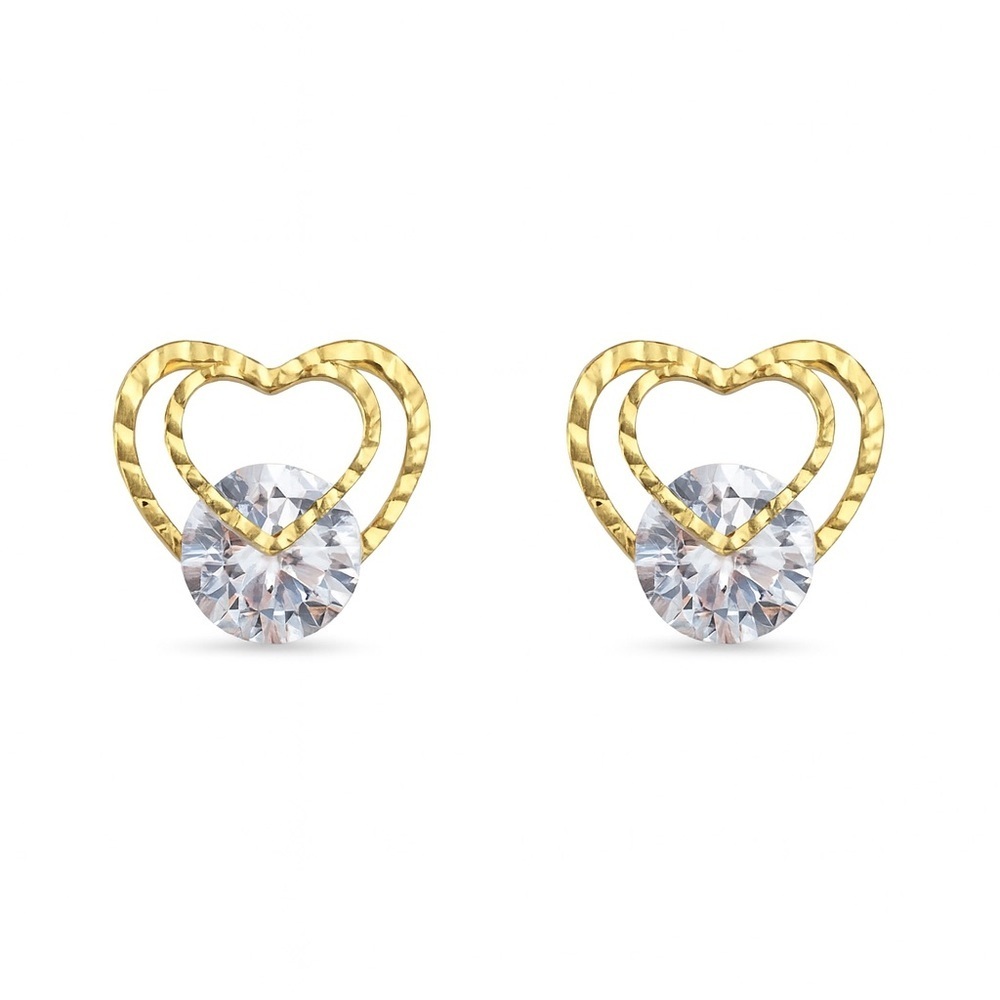 Gold Heart Stud Earrings With Cubic Zirconia